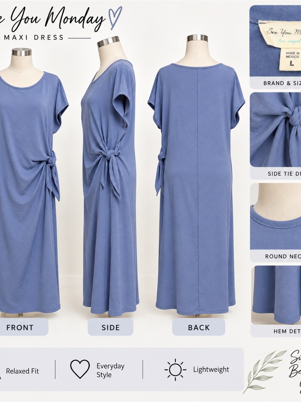 See You Monday Dusty Blue Side-Tie Maxi Dress
